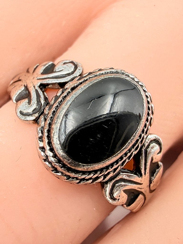 Vintage Victorian Revival Marked Sterling Silver Onyx Scrolls Bohemian Ring Sz 8